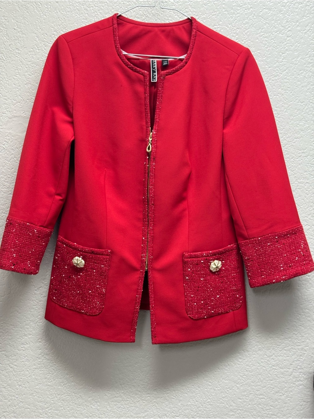 Mary Kay Red Tweed-Trim Zip Blazer Jacket size 6R Pit 19”, L 26”
